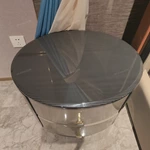 High-Gloss Round Nightstand with Grey Diagonal Pattern and Curved Cream Drawers